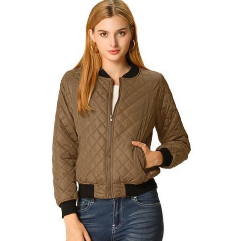 Unique Bargains Women Quilted Zip Up Raglan Sleeves Bomber