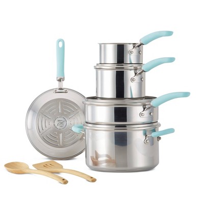 10-Piece Stainless Steel Cookware Set with Light Blue Handles