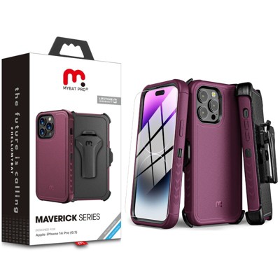 MyBat Pro Maverick Series Case w/ Holster and Tempered Glass for Apple iPhone 14 Pro (6.1) - Plum