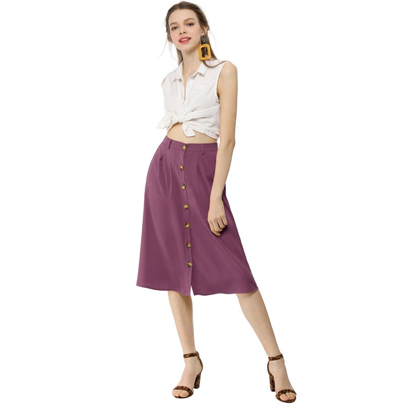 Allegra K Women's Button Front Casual High Waist Belted Midi Flare Skirt, 4 of 8