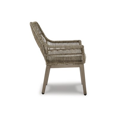 Beige Wicker Outdoor Arm Chairs with Cushions, Set of 2