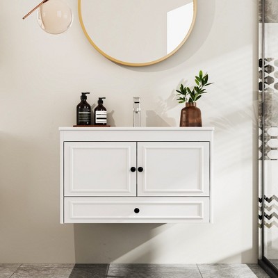 Famapy White Hanging Bathroom Vanity with Faucet and Metal - Rail Drawer