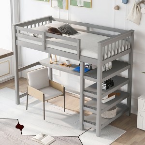 Okak Twin Size Multifunction Bunk Bed with Under-bed Desk Loft Bed with Storage Shelves Pine Wood for Kids Teens, Easy Assemble, Gray - 1 of 4