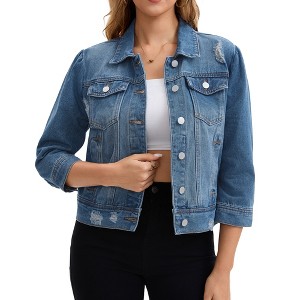 INSPIRE CHIC Women's Button Down 3/4 Puff Sleeve Turndown Collar Cropped Denim Jacket - 1 of 4