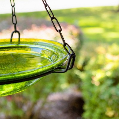 Fern Green Crackle Glass Hanging Birdbath with Wrought Iron Stand