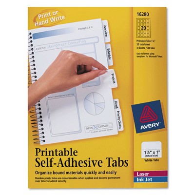 Avery Printable Repositionable Plastic Tabs, 1 1/4 Inch, White, 96/Pack