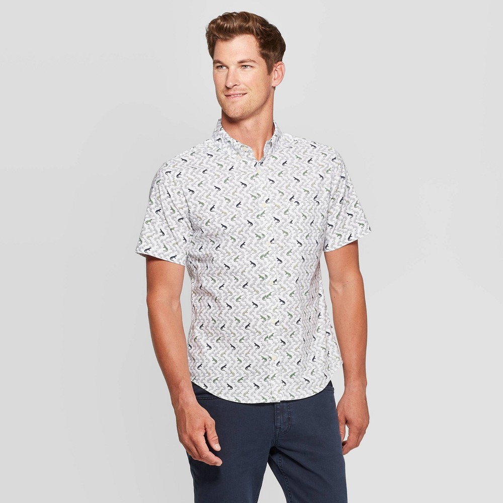 Men's Lizard Print Slim Fit Poplin Button-Down Shirt - Goodfellow & Co Beige XL, Men's was $19.99 now $12.0 (40.0% off)