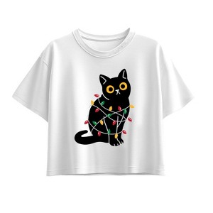 Girls' - Instant Message - Cat Wrapped In Christmas Lights Short Sleeve Boxy Graphic T-Shirt - 1 of 2