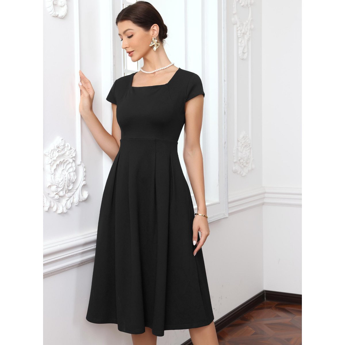 Женские платья INSPIRE CHIC Women's Vintage Square Neck Cap Sleeve Causal A-Line Midi Dresses Small Black — фото 4
