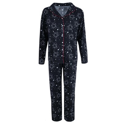 PJ Couture Women's Star Print Notch Pajama Set, Medium, Black