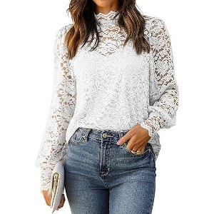Zeagoo Lace Tops for Women Sheer Long Sleeve Blouses Dressy Casual Shirt with Camisole 2 PCS Set - 1 of 4