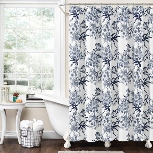 Lush Décor Botanical Garden Shower Curtain Navy : Microfiber, Machine Washable, Non-Slip Backing - 1 of 4