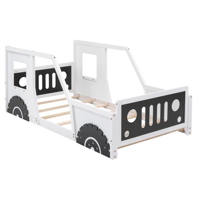Bellemave Floor Bed Twin Size Car-Shaped Platform Bed, Frame with Fence and Door, Solid Wood Twin Bed Frame，No Box Spring Needed，White