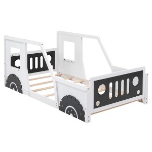 Bellemave Floor Bed Twin Size Car-Shaped Platform Bed, Frame with Fence and Door, Solid Wood Twin Bed Frame，No Box Spring Needed，White - 1 of 3