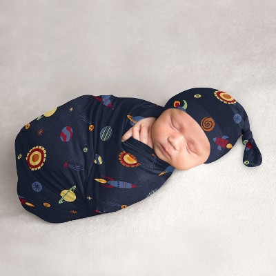 Image of Sweet Jojo Designs Boy Baby Cocoon and Beanie Hat Swaddle Wrap Space Galaxy Red, Orange and Black 2pc