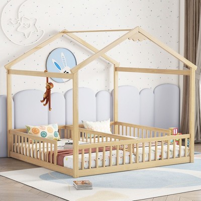 NicBex Twin Size Wood House-Style Montessori Bed,Floor Bed with Safety Guardrails,Modern Toddler Bed for Bedroom,Natural