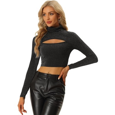 Allegra K Women's Party Mock Neck Cutout Front Long Sleeve Slim Fit Crop Blouses