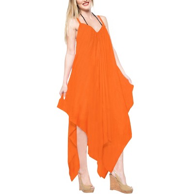 LA LEELA Women's Vacation Wear Casual Maxi Long Sundress Summer Vacation Loose Simple Spaghetti Strap Sundress Small/Medium Orange, Solid