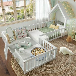 House Floor Bed, Double Full Floor Bed with Door and Full-length Guardrails, Multi-function Design, Grey - 1 of 4