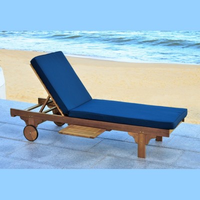 Natural Eucalyptus Wood Chaise Lounge with Navy Cushions