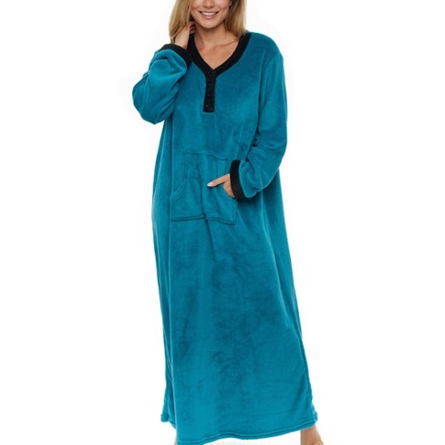 Adr Women's Warm Fleece Nightgown, Long Kaftan With Pockets For