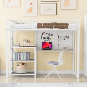 Twin Size Loft Bed with Desk and Whiteboard, Metal Loft Bed with 3 Shelves and Ladder, White - 1 of 4