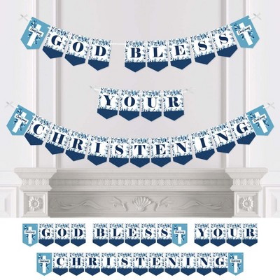 Big Dot of Happiness Christening Blue Elegant Cross - Boy Religious Party Bunting Banner - Party Decorations - God Bless Your Christening