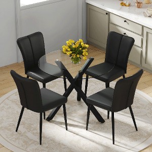 Lyngins Modern Round Glass Dining Table Set – Transparent Top with X-Shaped Black Metal Base & 4 PU Chairs with a Vertical Stripe Design - 1 of 4