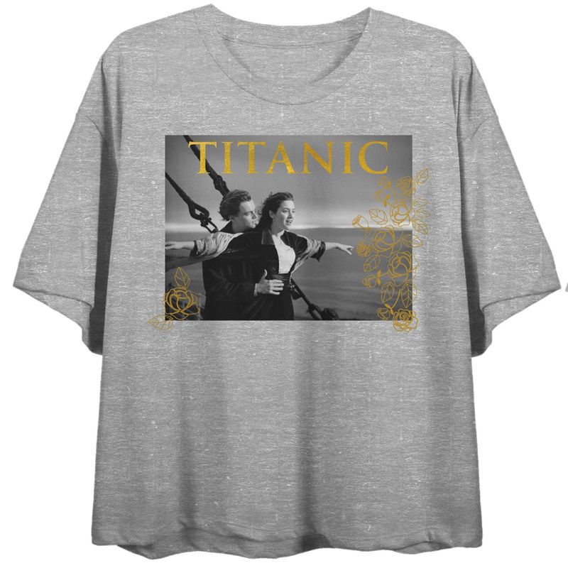 Titanic Jack & Rose Flying Pose Juniors Gray Melange Crop T-shirt, 1 of 3