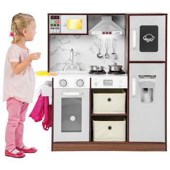 Costway Kids Kitchen Playset w/Attractive Lights & Sounds Range Hood Microwave Ice Maker
