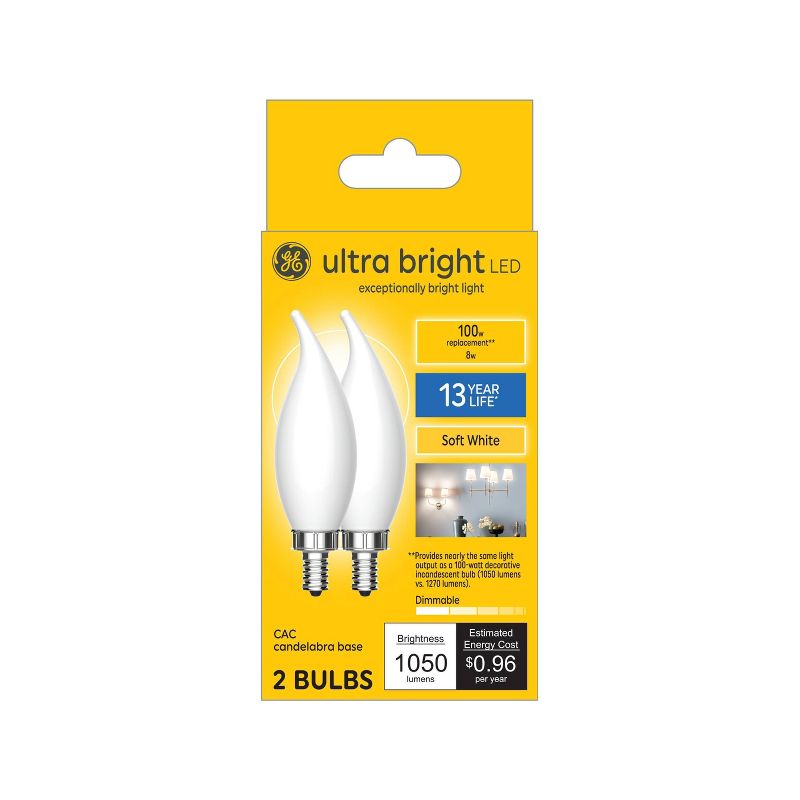 GE 2pk 8 Watts Soft White Candelabra Ultra Bright LED Decorative Light Bulbs, 1 of 8