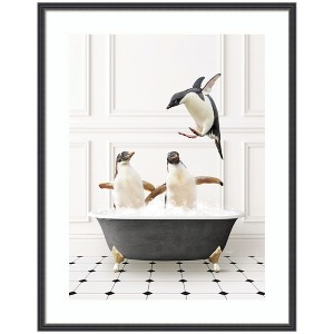 Kate and Laurel Penguins in Classic Black and White Bath by Amy Peterson Framed Wall Art Print, 26 x 33, Stylish Black Narrow - 1 of 4