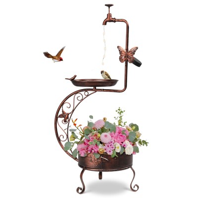 phiestina 36 inch Bird Baths for Outdoors, Vintage Metal Garden Bird Bath with Solar Lamp and Flower Planter Pedestal, Bronze