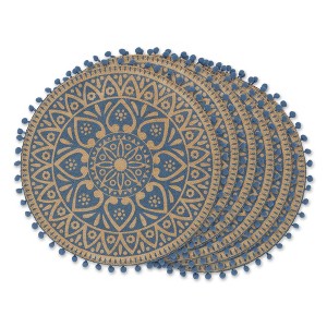 DII Block Print Jute Placemat Set 6 Piece, French Blue Block Print, 15" Dia - 1 of 4