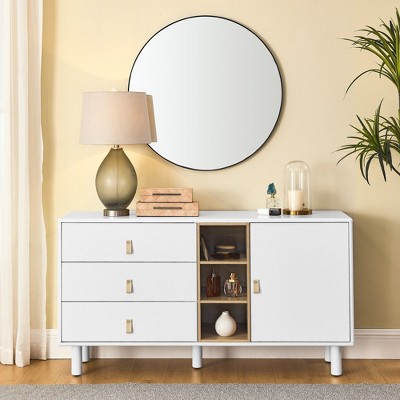 Dresser Closet, 3 Drawer Dresser with Leather Handles, Open Storage Compartment, Solid Wood Round Legs Buffet Cabinet