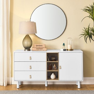 Dresser Closet, 3 Drawer Dresser with Leather Handles, Open Storage Compartment, Solid Wood Round Legs Buffet Cabinet - 1 of 4