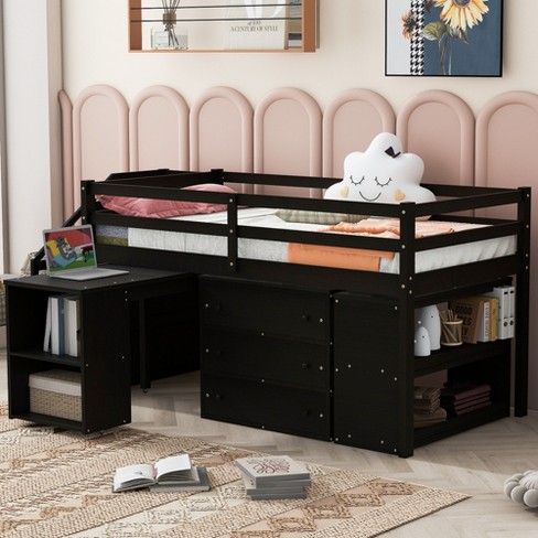 Twin full Size Loft Bed With Retractable Writing Desk And 3 Drawers Wooden Loft Bed With Storage Stairs And Shelves 4l Modernluxe Target