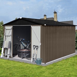 Gulches Metal garden sheds 10ft¡Á8ft outdoor storage sheds for Garbage Cans, Garden Accessories, Backyard, and Patio Use, Vanilla, Brown + Black - 1 of 4