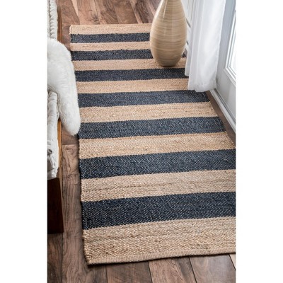 Denim Blue Striped Reversible Flat Woven Jute Runner Rug, 2' 6" x 8'