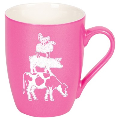 Elanze Designs 10 Ounce Ceramic Decorative Laser Engraved Cow Pig Sheep Chicken Giftable Novelty Tea Coffee Cup Mug Princess Pink Stacked Farm Animal