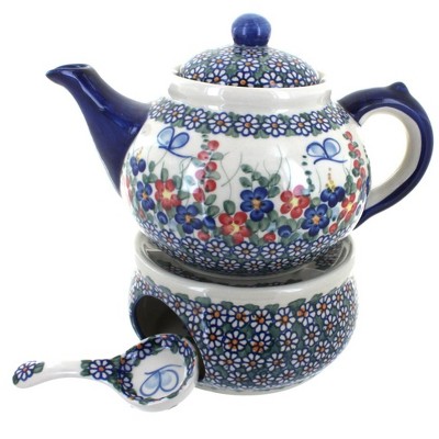 Blue Rose Polish Pottery Garden Butterfly Teapot with Warmer & Candle Holder