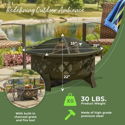 35-Inch Black Steel Round Lattice Fire Pit with Safety Ring