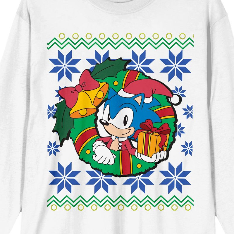 Sonic The Hedgehog Classic Sonic WIth A Gift And Christmas Wreath Crew Neck Long Sleeve White Unisex Adult Tee, 2 of 4