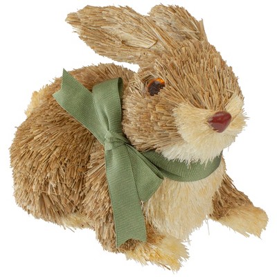 Brown Sisal Bunny Rabbit Figurine with Green Ribbon