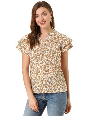 Allegra K Women's Summer V Neck Cap Short Sleeve Button Floral Print Shirt