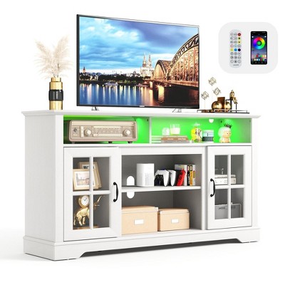 Modern Glass TV Stand for 65" TVs, Entertainment Center with LED Lights, Storage Cabinets & Adjustable Shelves