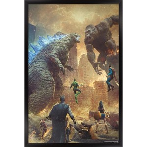 Trends International Justice League vs. Godzilla vs. Kong - Street Battle Framed Wall Poster Prints - 1 of 4