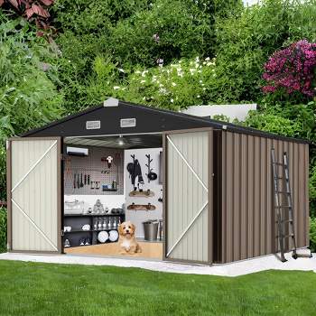 8'x8' Outdoor Storage Shed, Large Garden Shed. Updated Reinforced and Lockable Doors Frame Metal Storage Shed for Patiofor Backyard, Patio，Lawn，Brown