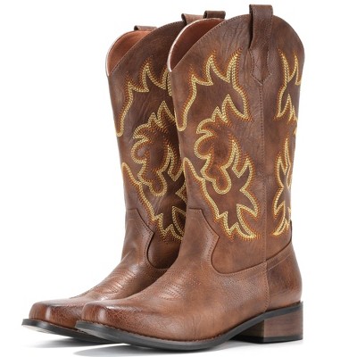 IUV Cowboy Boots For Women Square Toe Cowgirl Boots Mid Calf Western Boots Pull On Fashion Cowboy Boots Brown