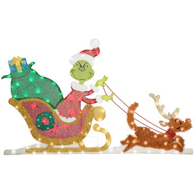 Gemmy Holiday Flat tastics Lighted KD Grinch Sleigh Scene Dr. Seuss, Multicolored